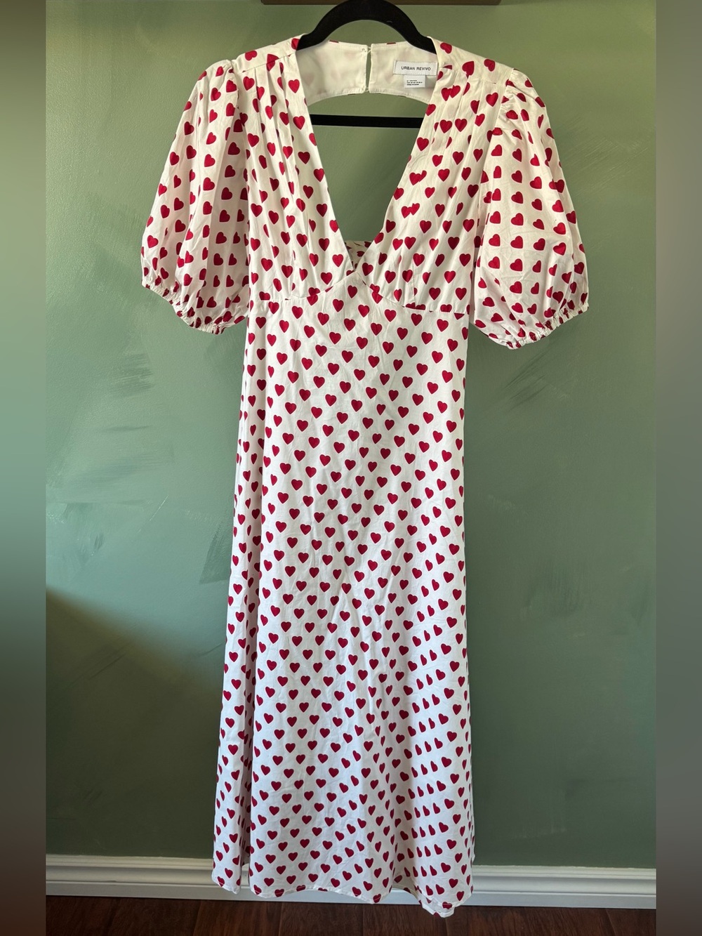 White Dress with Red Heart Print - Puff Sleeve V-Neck